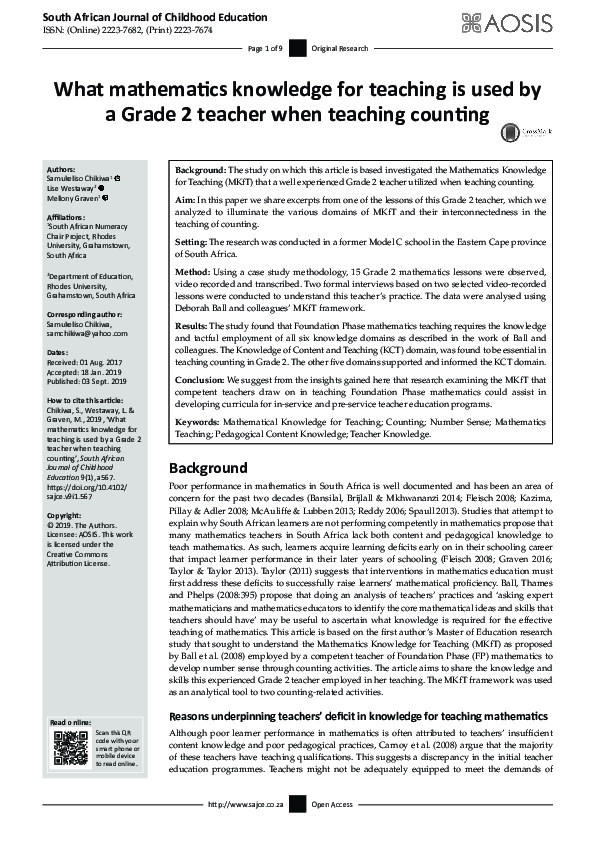 (PDF) What mathematics knowledge for teaching is used by a Grade 2 ...