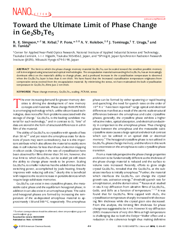 (PDF) Toward the Ultimate Limit of Phase Change in Ge 2 Sb 2 Te 5
