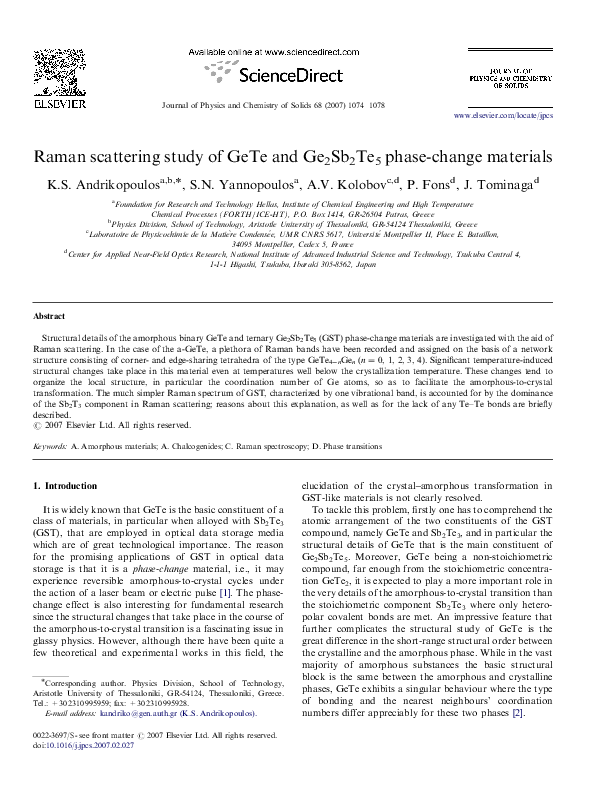 (PDF) Raman scattering study of GeTe and Ge2Sb2Te5 phase-change materials