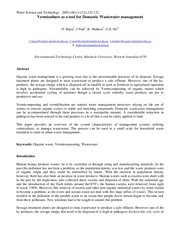 (PDF) Vermiculture as a tool for domestic wastewater management