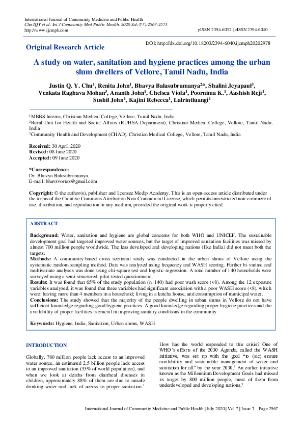 (PDF) A study on water, sanitation and hygiene practices among the ...