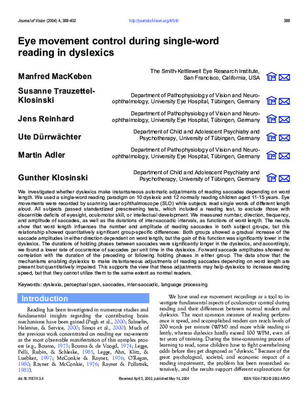 (PDF) Eye movement control during single-word reading in dyslexics