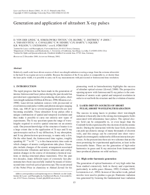 (PDF) Generation and application of ultrashort X-ray pulses