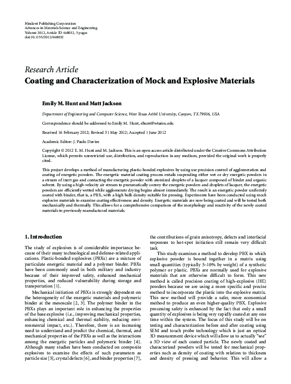 (PDF) Coating and Characterization of Mock and Explosive Materials