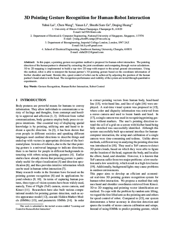 (PDF) 3D pointing gesture recognition for human-robot interaction