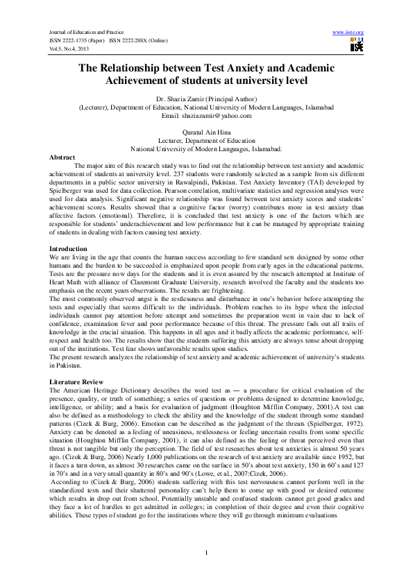 (PDF) The Relationship between Test Anxiety and Academic Achievement of ...