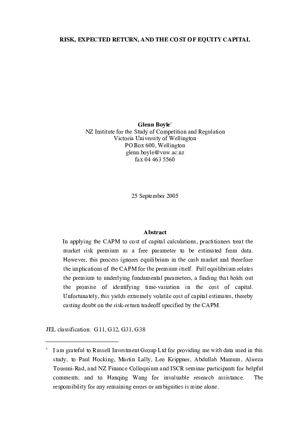 (PDF) Risk, expected return, and the cost of equity capital