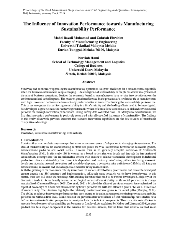 (PDF) The Influence of Innovation Performance towards Manufacturing ...
