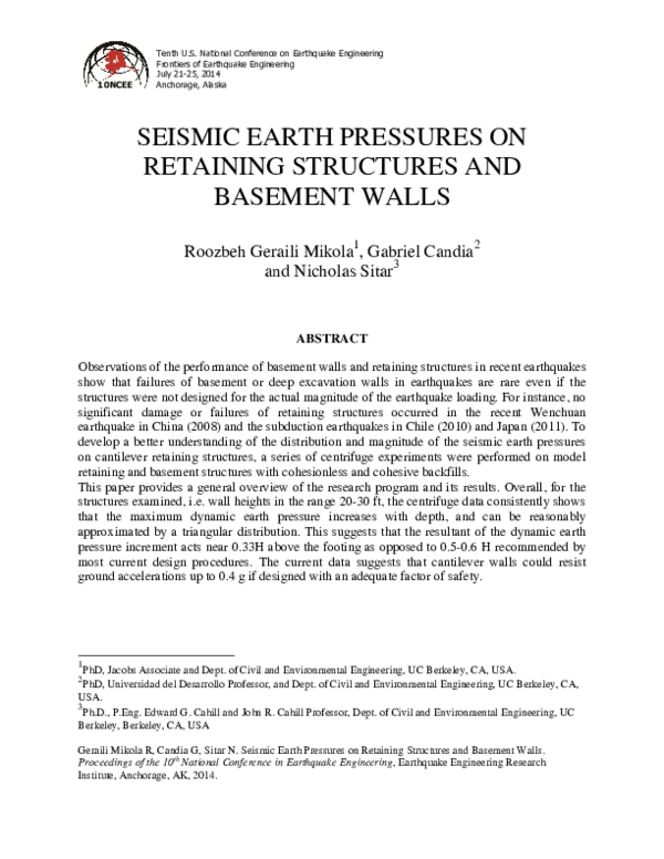 (PDF) Seismically Induced Lateral Earth Pressures on Retaining Structures and Basement Walls