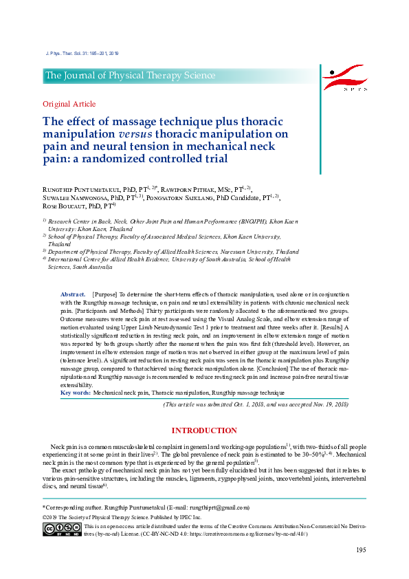 (PDF) The effect of massage technique plus thoracic manipulation versus ...