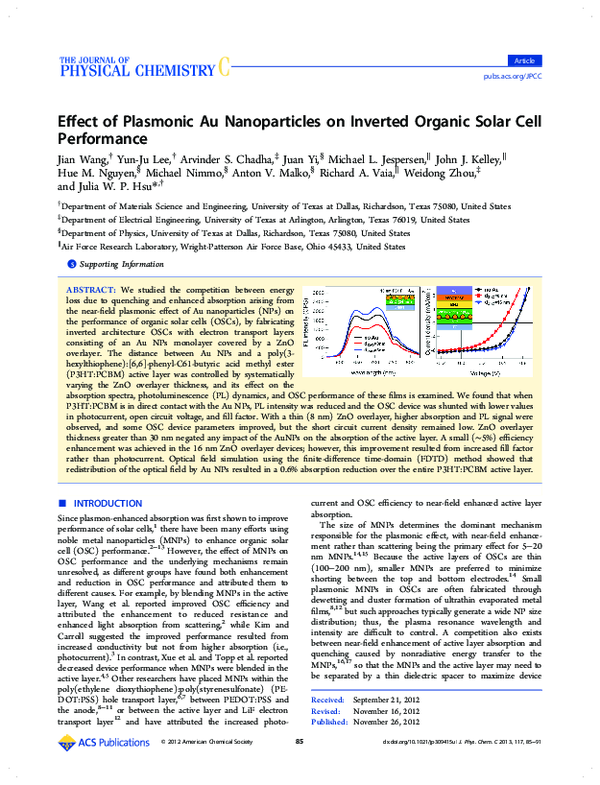 (PDF) Effect of Plasmonic Au Nanoparticles on Inverted Organic Solar ...