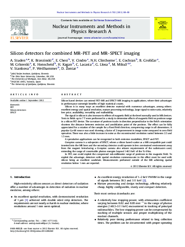 (PDF) Silicon detectors for combined MR-PET and MR-SPECT imaging