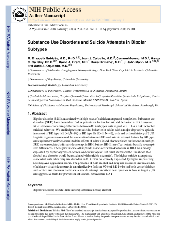 (PDF) Substance use disorders and suicide attempts in bipolar subtypes