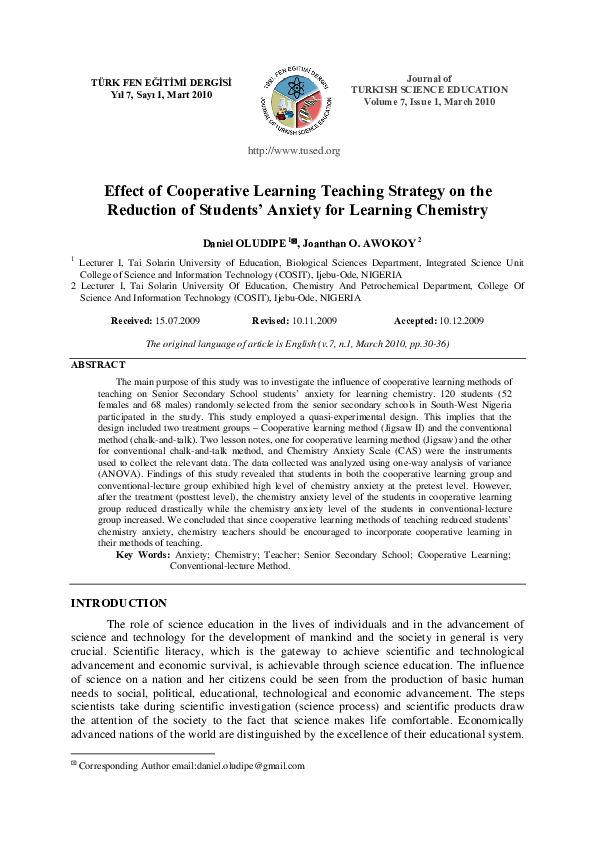 (PDF) Effect of Cooperative Learning Teaching Strategy on the Reduction ...