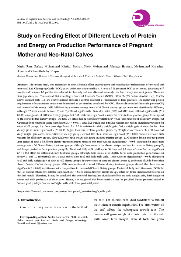 (PDF) Study on Feeding Effect of Different Levels of Protein and Energy ...