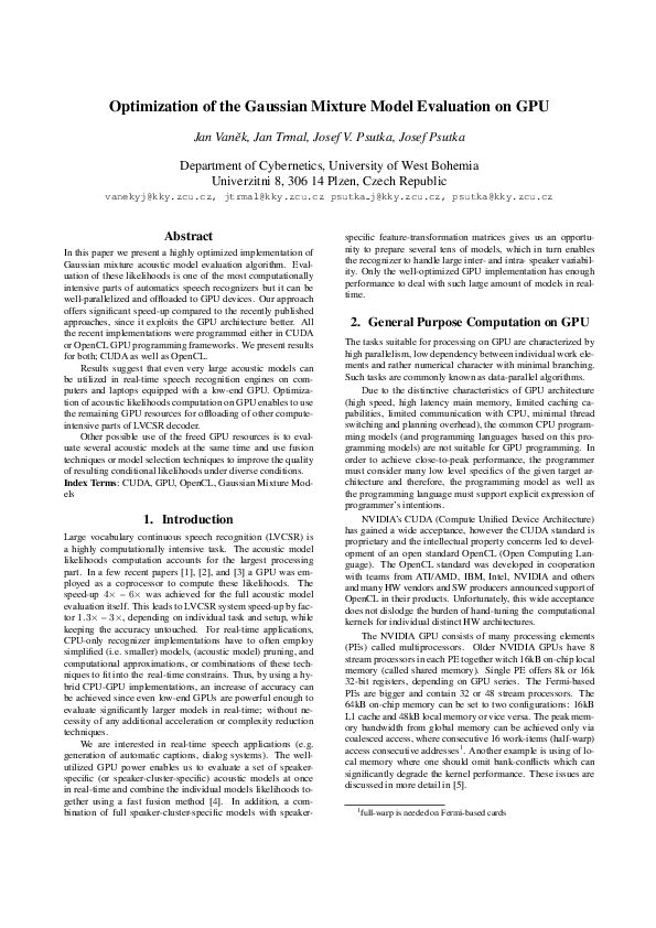 (PDF) Optimization of the Gaussian mixture model evaluation on GPU