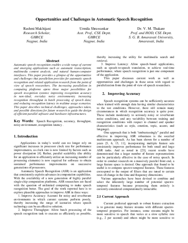 (PDF) Opportunities & Challenges In Automatic Speech Recognition
