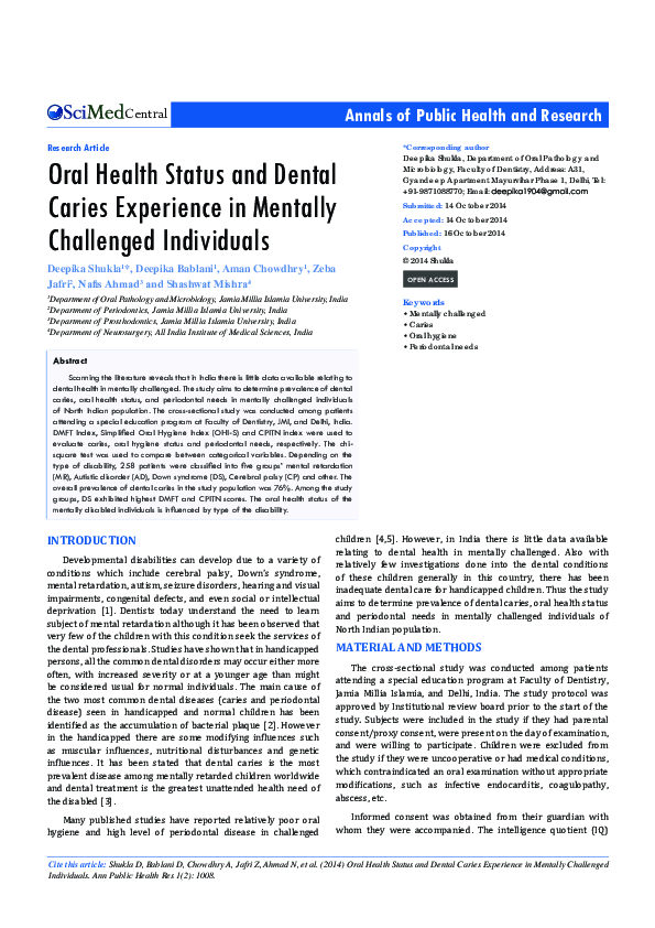 (PDF) Oral Health Status and Dental Caries Experience in Mentally ...