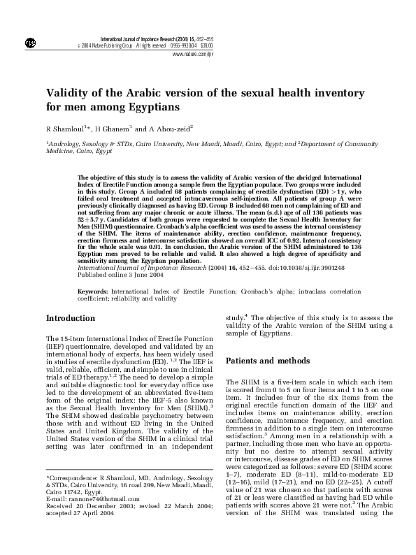 (PDF) Validity of the Arabic version of the sexual health inventory for ...