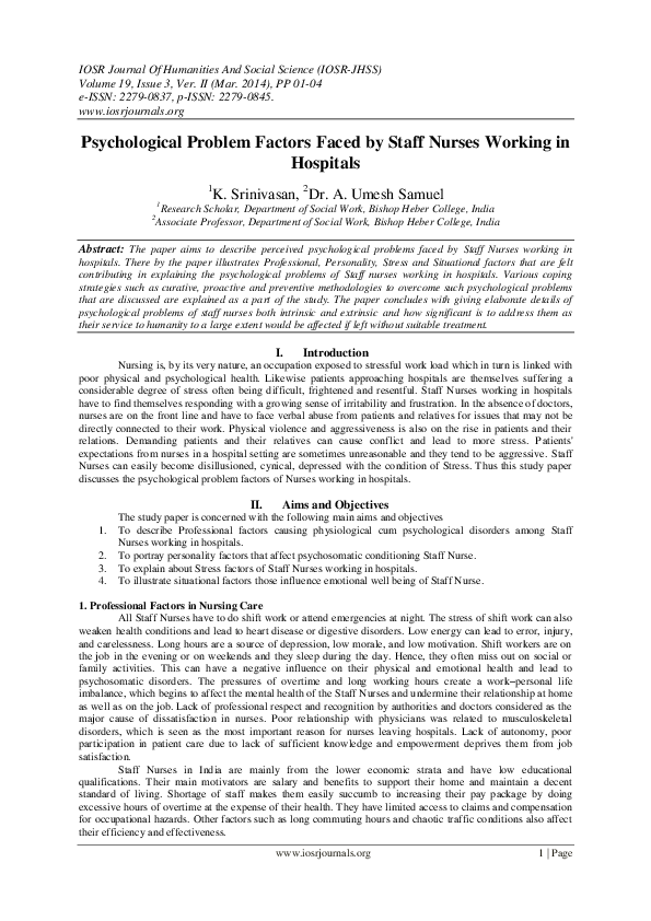 (PDF) Psychological Problem Factors Faced by Staff Nurses Working in ...