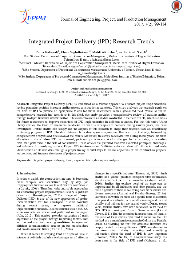 (PDF) Integrated Project Delivery (IPD) Research Trends
