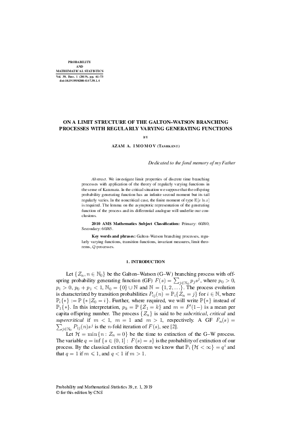 (PDF) On a limit structure of the Galton–Watson branching processes ...