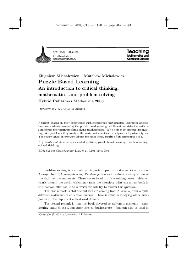 (PDF) Zbigniew Michalewicz Matthew Michalewicz Puzzle Based Learning