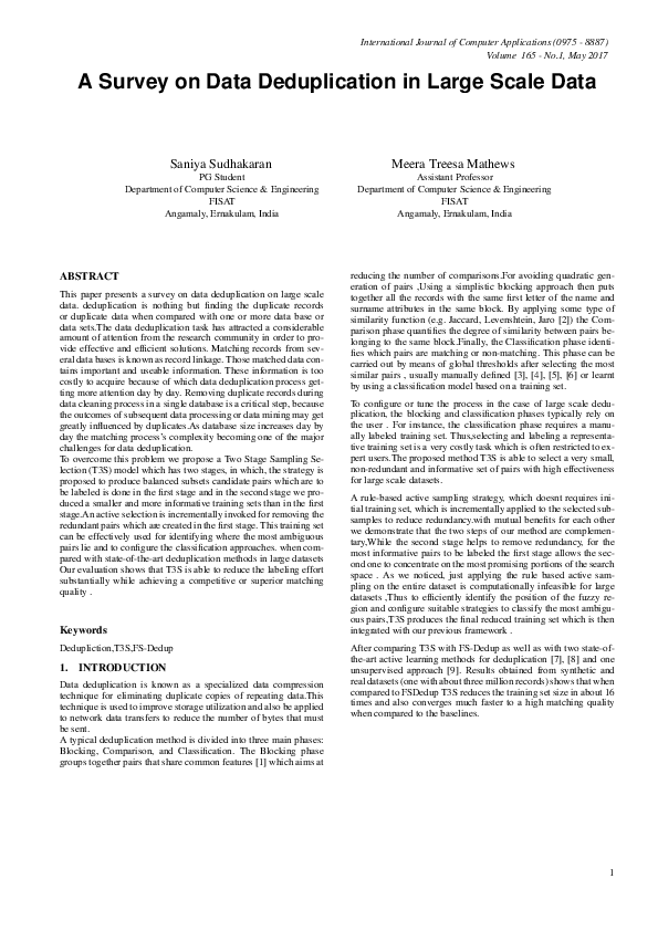 (PDF) A Survey on Data Deduplication in Large Scale Data