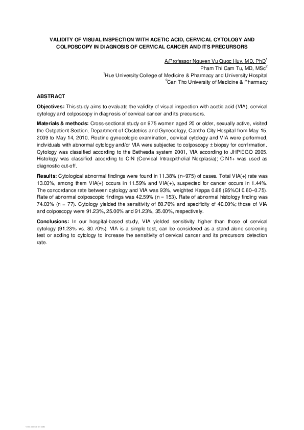 (PDF) Validity of Visual Inspection with Acetic Acid, Cervical Cytology