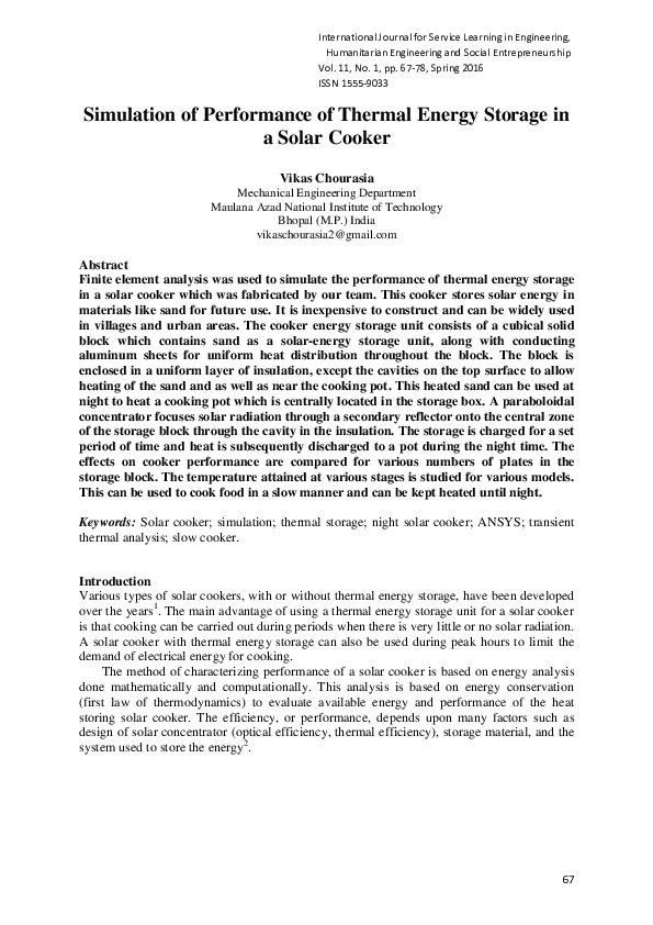 (PDF) Simulation of Performance of Thermal Energy Storage in a Solar Cooker