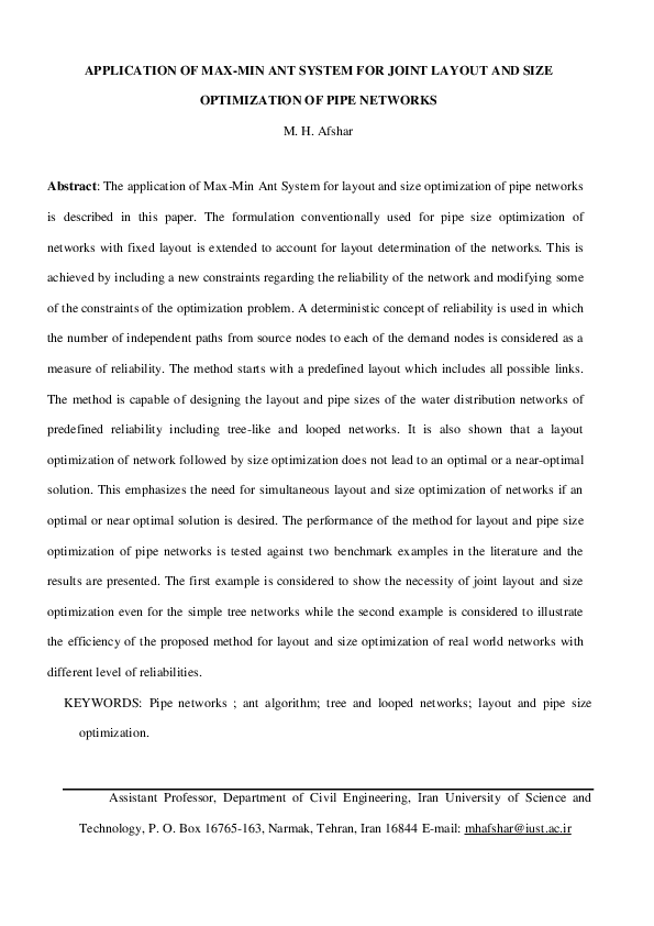 (PDF) Joint Layout and Size Optimization of Pipe Networks Using Ant System