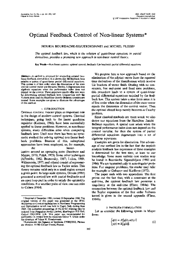 (PDF) Optimal feedback control of non-linear systems