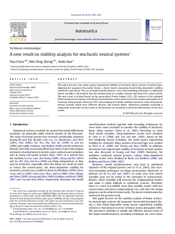 (PDF) A new result on stability analysis for stochastic neutral systems
