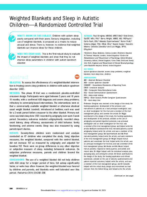 (PDF) Weighted blankets and sleep in autistic childrena randomized controlled trial Victoria