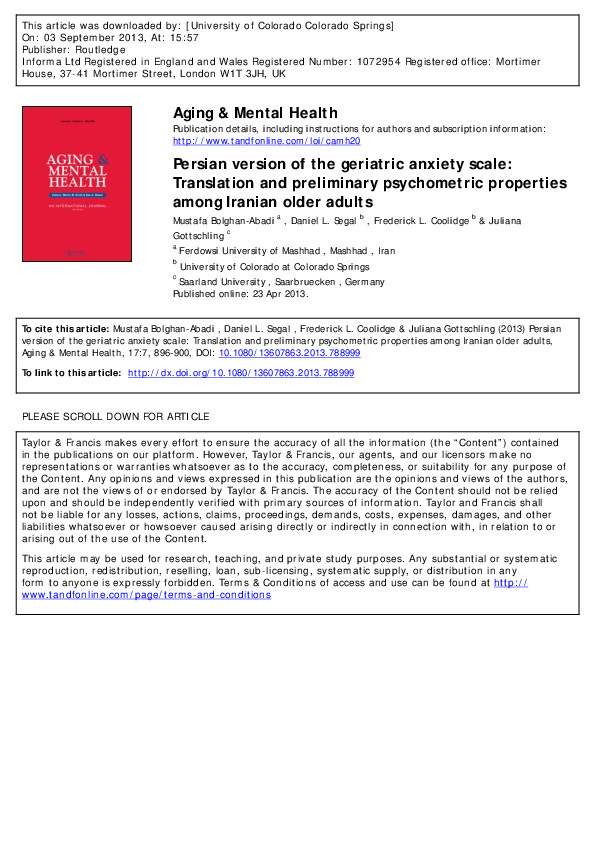 (PDF) Persian version of the geriatric anxiety scale: Translation and ...