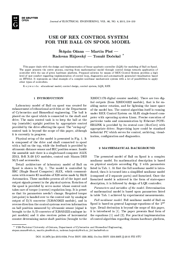 (PDF) Use Of REX Control System For The Ball On Spool Model