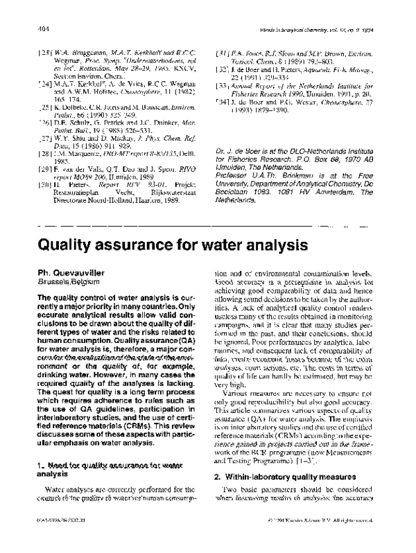 (PDF) Quality assurance for water analysis Philippe Quevauviller