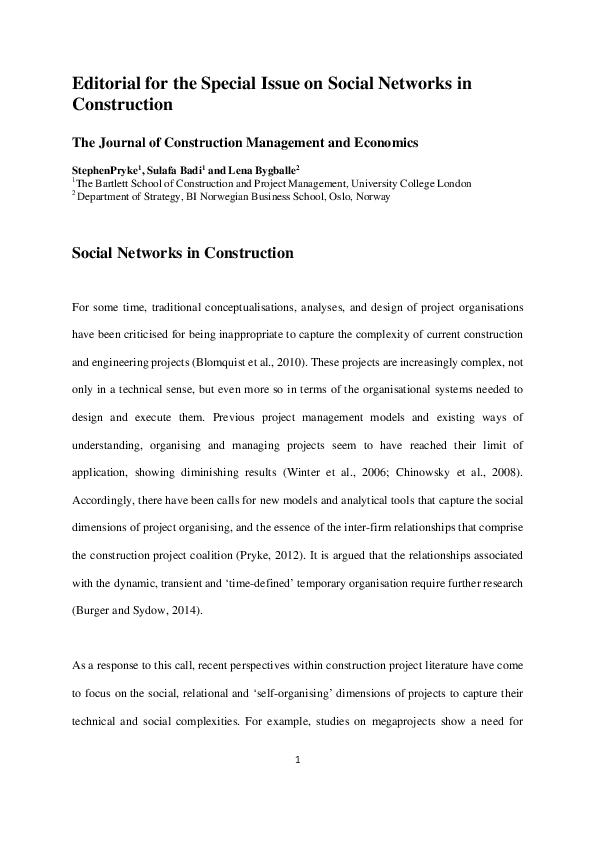 (PDF) Editorial for the special issue on social networks in construction