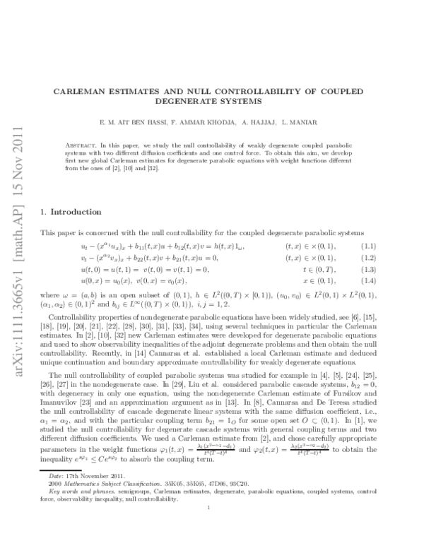 (PDF) Carleman Estimates and null controllability of coupled degenerate ...