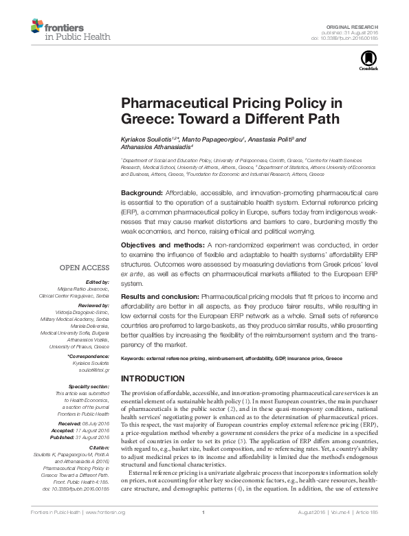 (PDF) Pharmaceutical Pricing Policy in Greece: Toward a Different Path