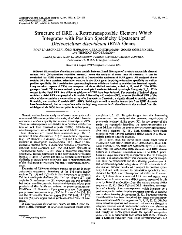 (PDF) Structure of DRE, a retrotransposable element which integrates ...