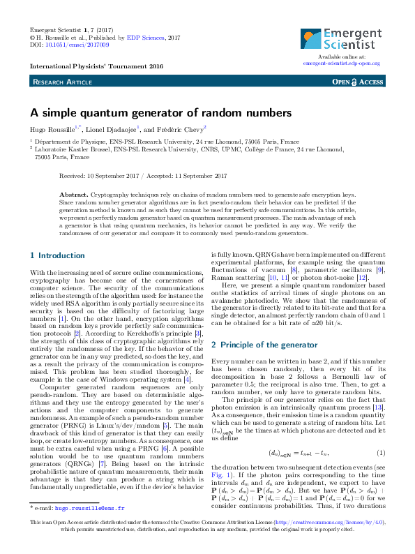 (PDF) A simple quantum generator of random numbers