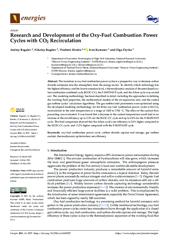 (PDF) Research and Development of the Oxy-Fuel Combustion Power Cycles ...