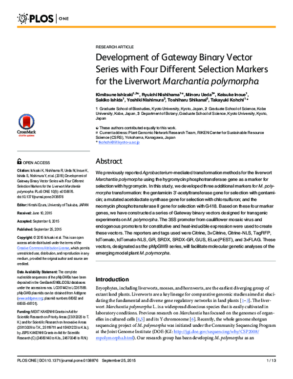 (PDF) Development of Gateway Binary Vector Series with Four Different ...