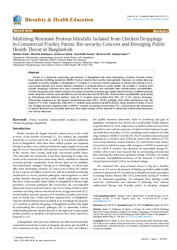 (PDF) Multidrug ResistantProteus Mirabilis Isolated from Chicken