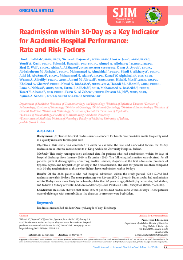 (PDF) Readmission within 30-Day as a Key Indicator for Academic ...