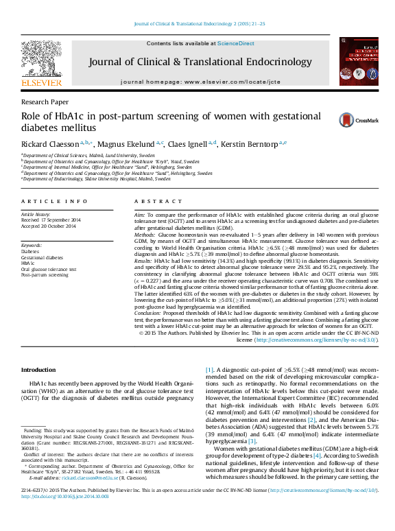 (PDF) Role of HbA1c in post-partum screening of women with gestational ...