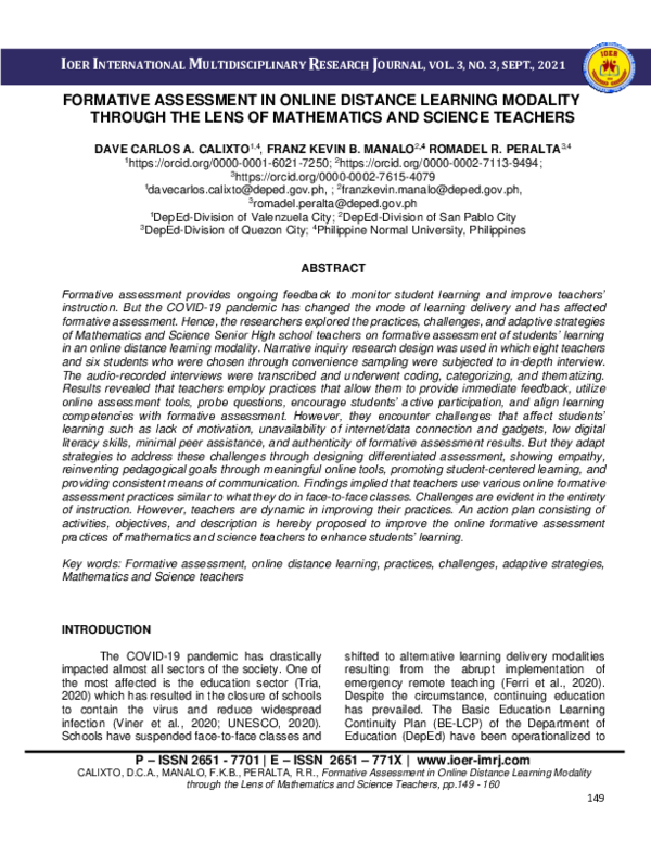 (PDF) FORMATIVE ASSESSMENT IN ONLINE DISTANCE LEARNING MODALITY THROUGH ...