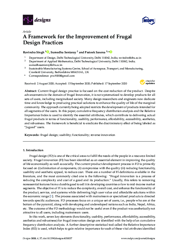 (PDF) A Framework for the Improvement of Frugal Design Practices