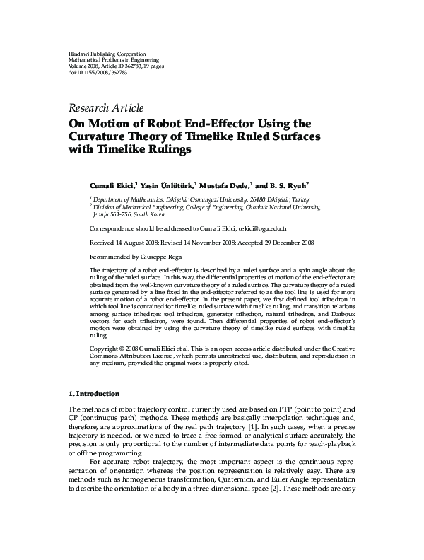 (PDF) On Motion of Robot End-Effector Using the Curvature Theory of ...
